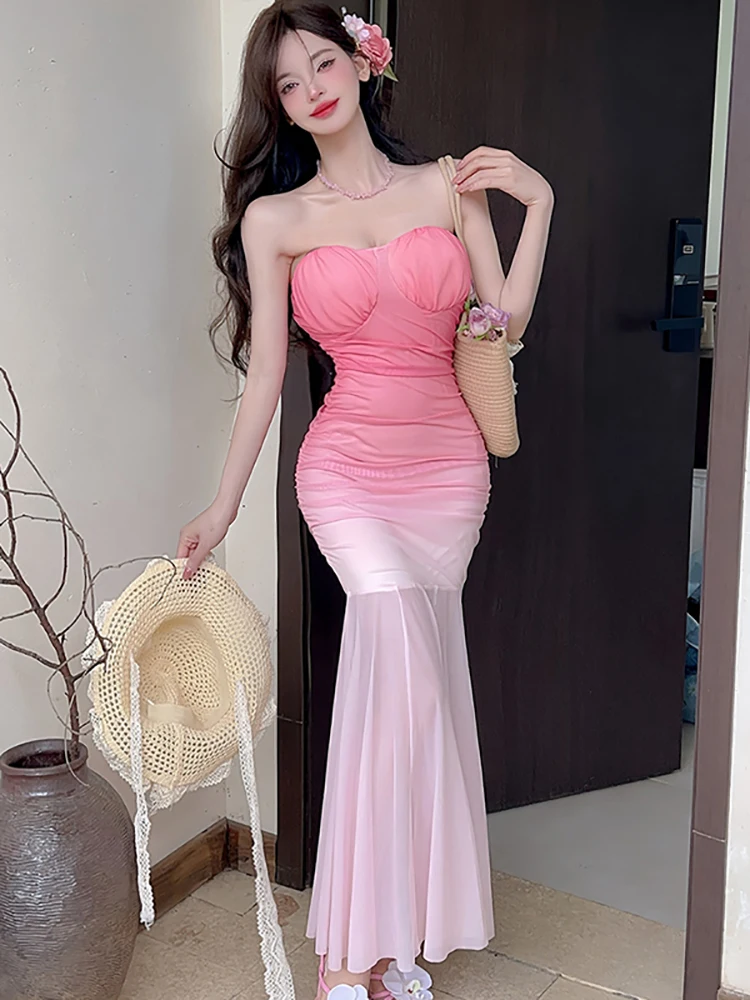 Zomer roze gradiënt mesh chique borstverpakking sexy lange jurk vrouwen geplooide bodycon dansfeestjurk 2025, Koreaanse elegante jurk