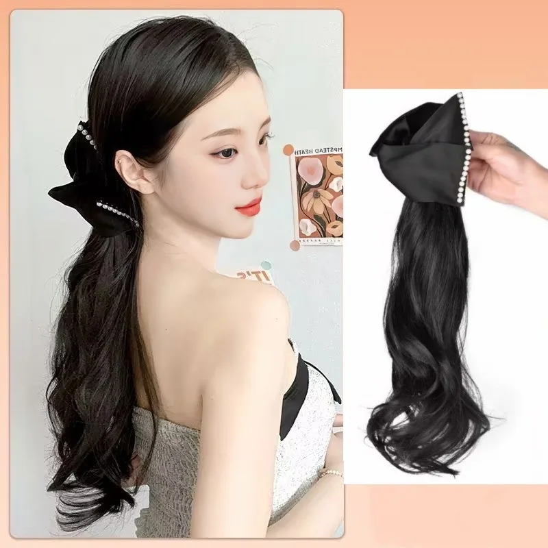 Small fragrance style pearl hair clip ponytail wig high temperature resistant silk long hair, large wave ponytail, synthetic wig