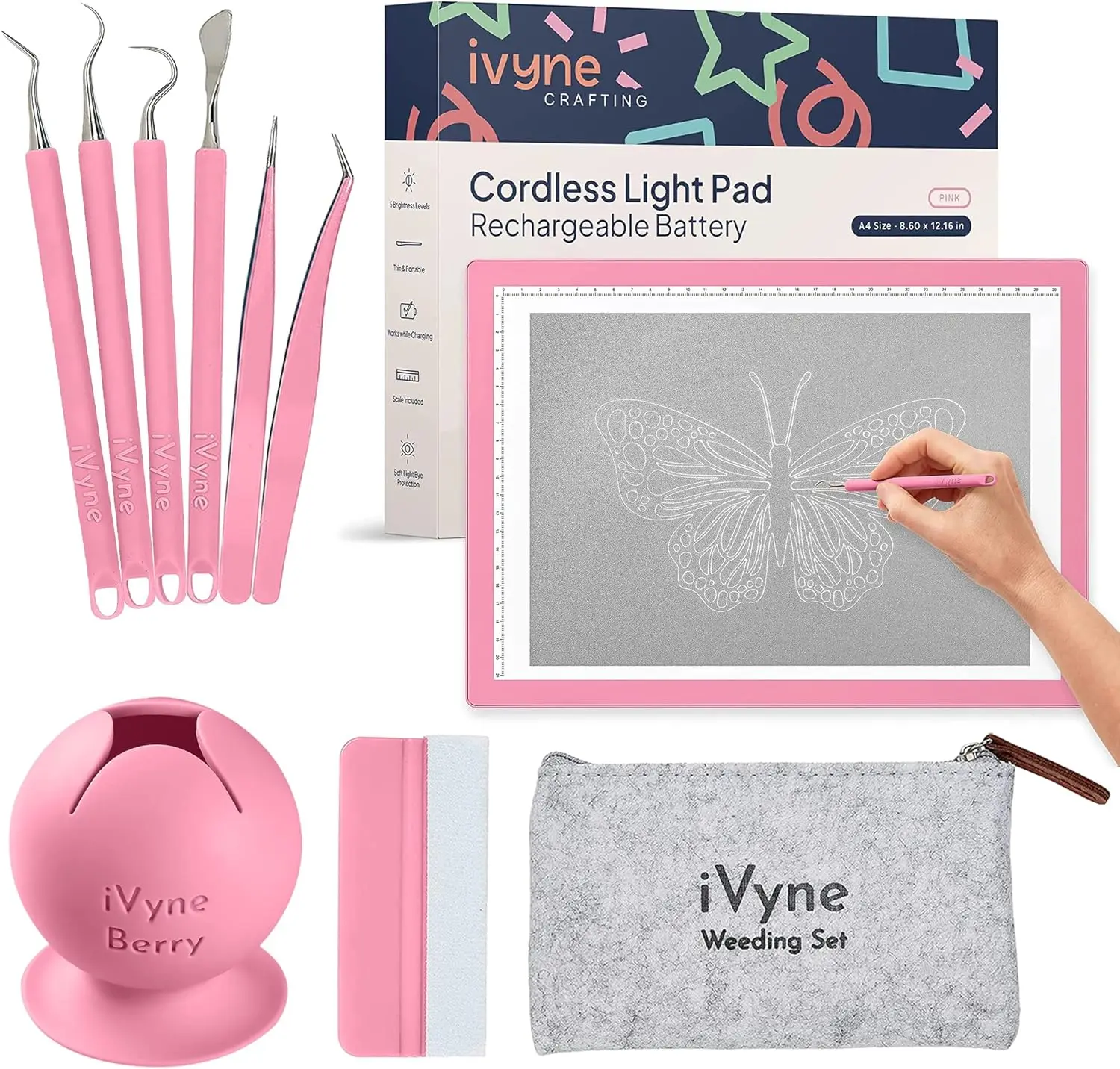 

Rechargeable A4 Light Pad with Weeding Tools and Scrap Collector for Vinyl Crafting Projects - Pink