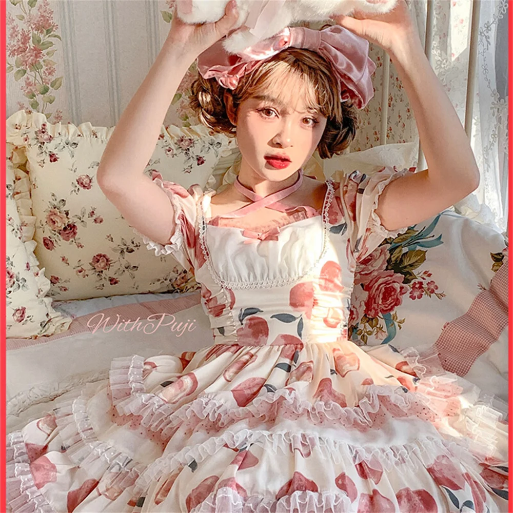 Rosa Pfirsich Druck Süße Mädchen Spitze Rüschen Lolita Kleid Nette Prinzessin Hohe Taille Quadrat Kragen Cosplay Lolita Kleid Op