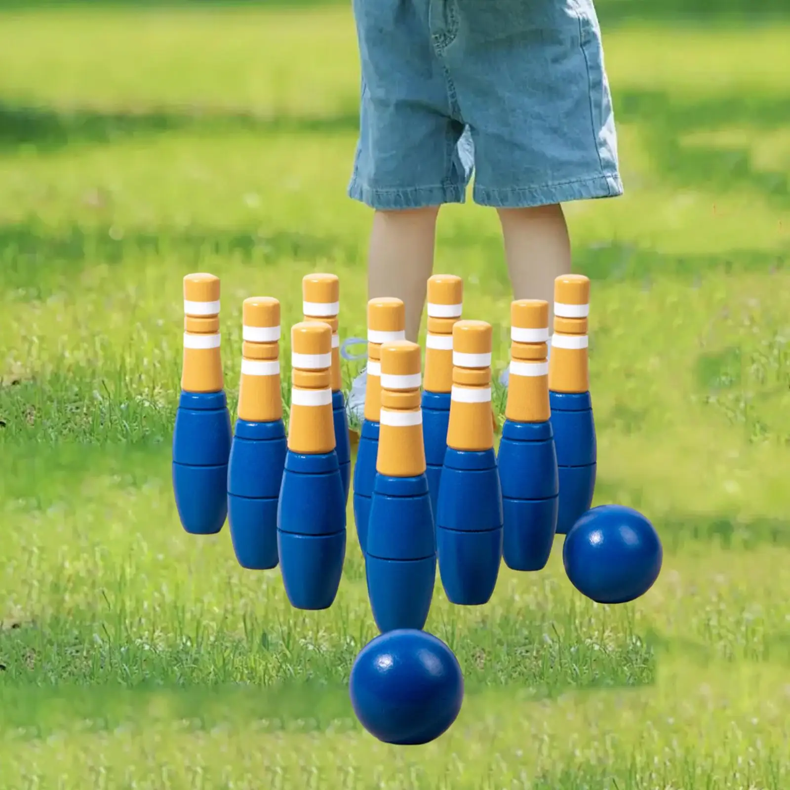 Wood Bowling Set Skittles Toys Bowling Game Props Wood 10 Bottles Outdoor Toys