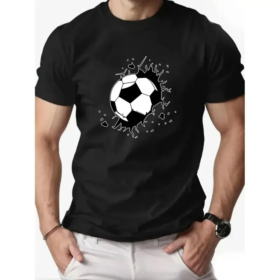 

【New Arrival】Cool Bursting Soccer Ball Graphic T-Shirt Football Breaking Wall Design Casual Short Sleeve Black Crewneck Tops