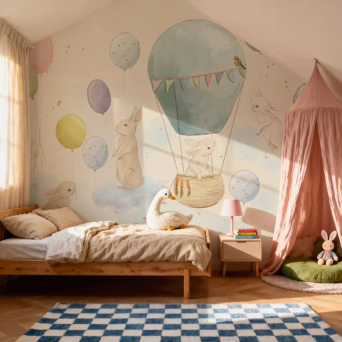 Rabbits and Balloons Kids Room Wallpaper Custom Wall Mural for Bedroom