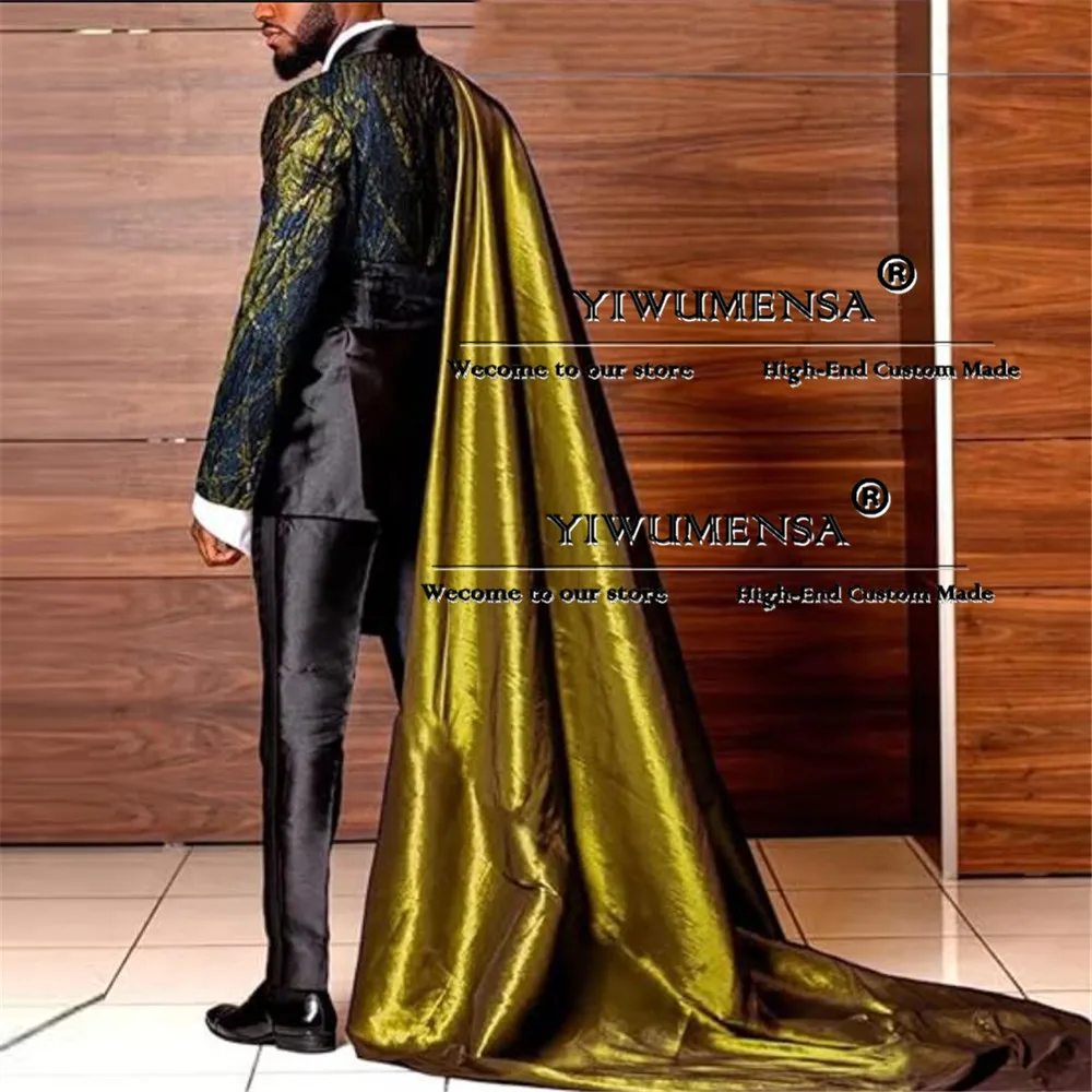 Royal Wedding Tuxedo With Removed Cape Tailor-made Groom Wear Suits Men Slim Fit Unique Design Jacquard Jacket Waistband Pants