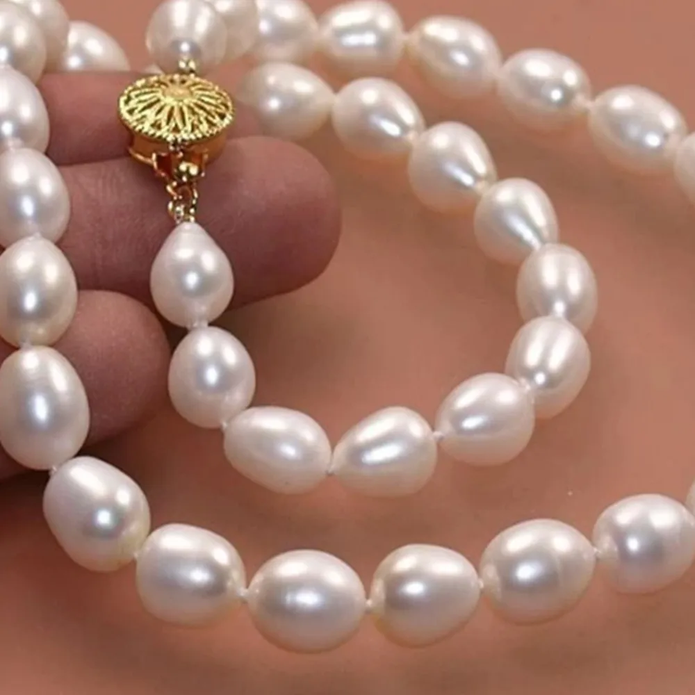 Hand knotted necklace natural 10-11mm white freshwater rice pearl sweater chain nearly oval pearl 45cm