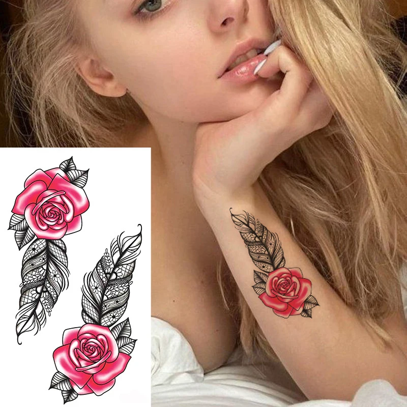 Tattoo Stickers Rose Feather Flower Folk Custom Element Fake Tatto for Kids Women Men Waterproof Temporary Party Hand Body Art