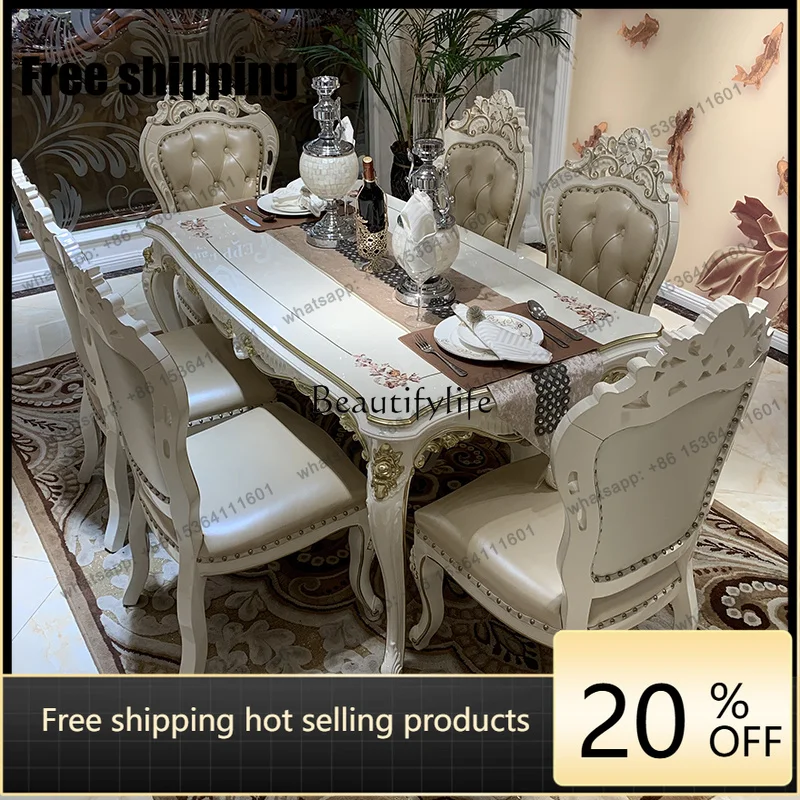 Factory Direct  European dining table and chairs combination all solid wood rectangular simple post-modern white piano paint