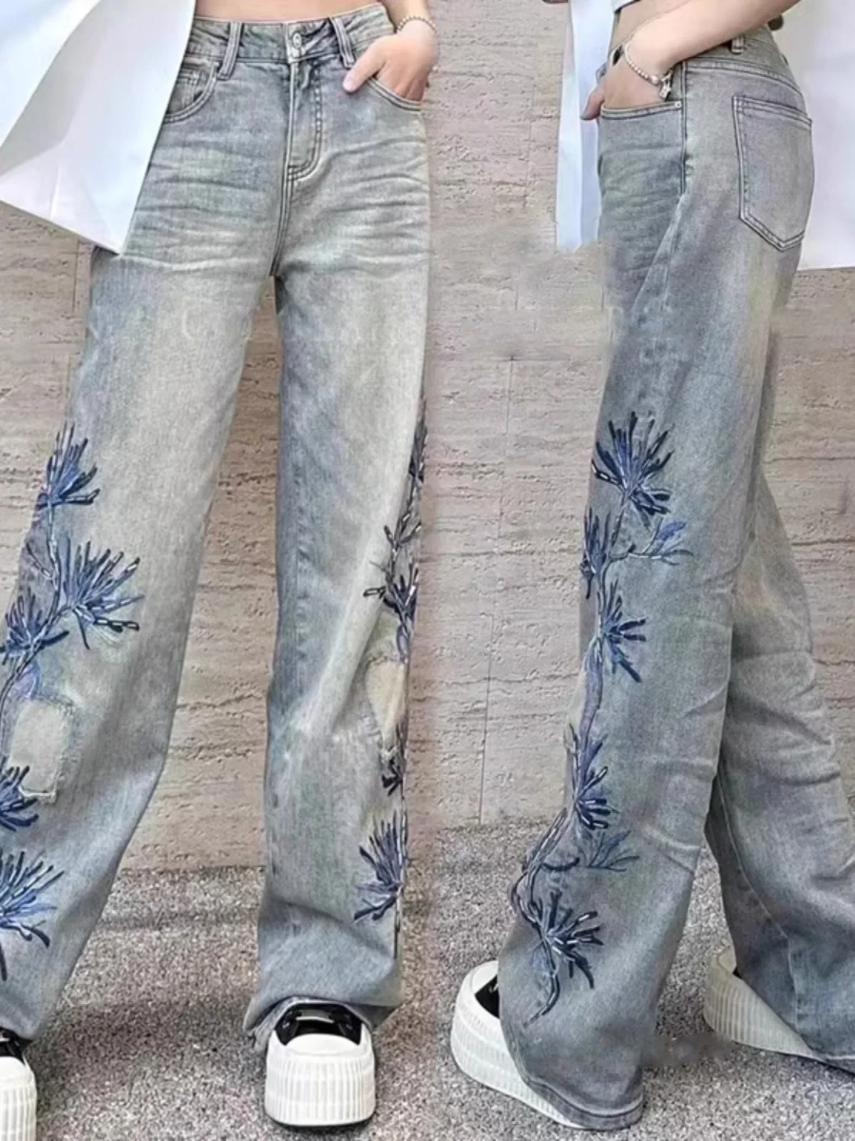 

Heavy Embroidery Floral Distred American Retro Narrow Version Wide Leg Jeans Women Spring New Sle High Waist Cotton Stretch