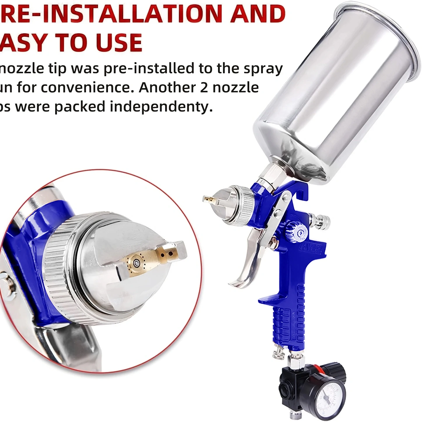 HVLP Gravity Feed Spray Gun, with 1.4mm/1.7mm/2.0mm/2.5mm Nozzles, 1000cc Aluminum Cup & Black Pressure Gauge