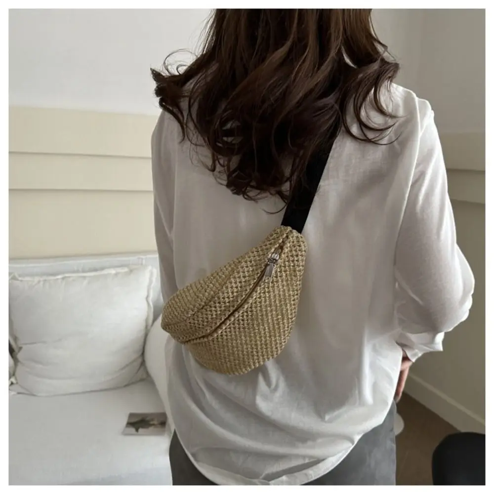 

Half Moon Straw Woven Bag Pocket Phone Bag Large Capacity Woven Handbag Portable Phone Holder Adjustable Sports Pouch Traveling
