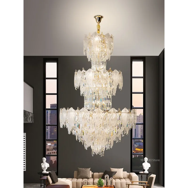 Duplex crystal chandelier, European style villa living room light luxury, post-modern mid floor lobby staircase long chandelier