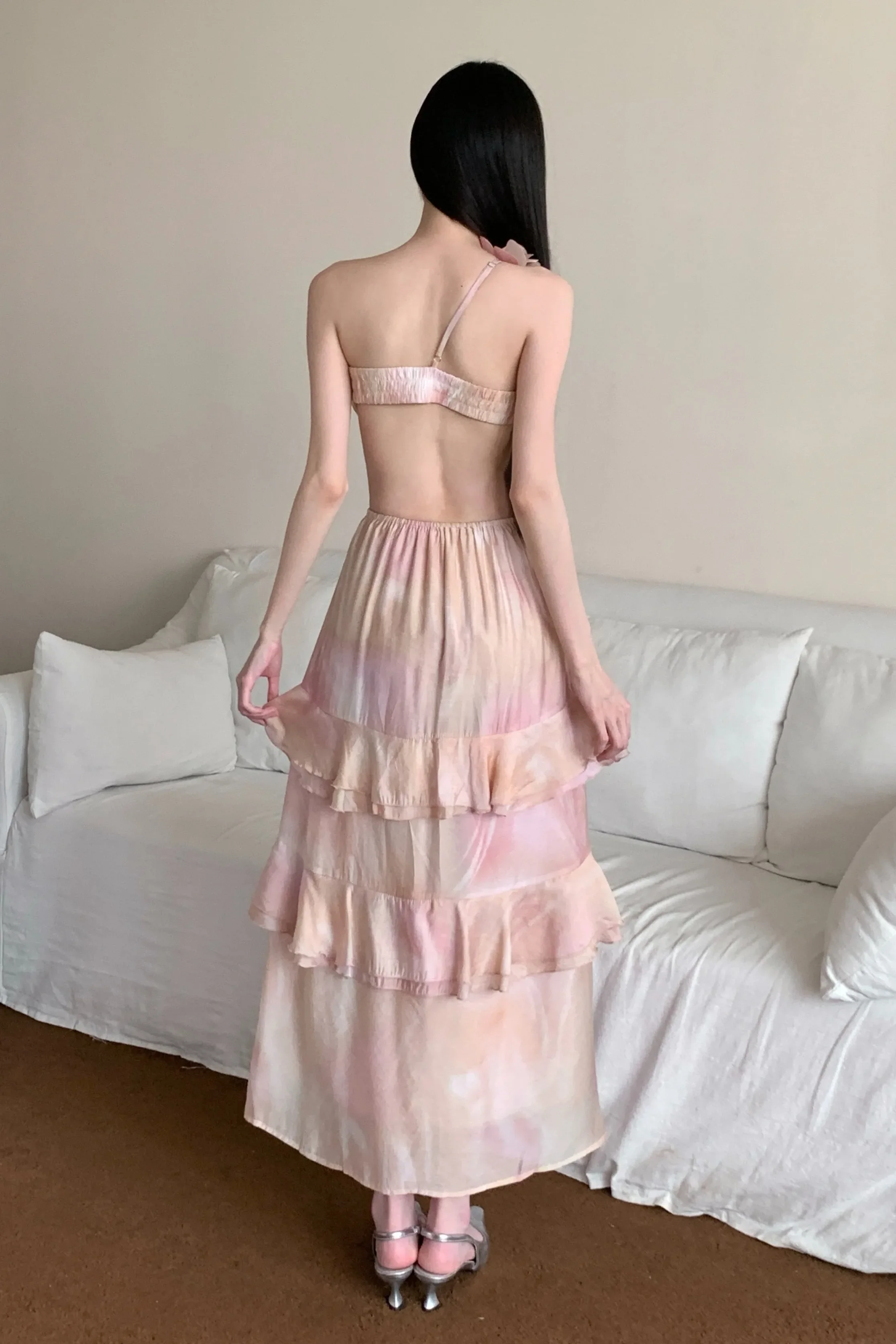 

Retro Flower Language Mist Yarn Dress For Women'S Summer, New Style With Blended Design, Three Dimensional Flower Strap Dress