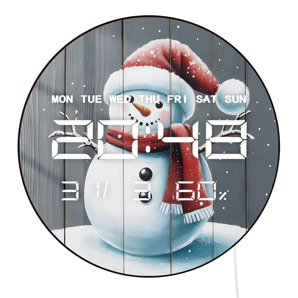 Merry Christmas 12/24hour Electronic Wall Clock Snowman Winter Landscape LED Digital Clock Timer with Date Calendar Temperature