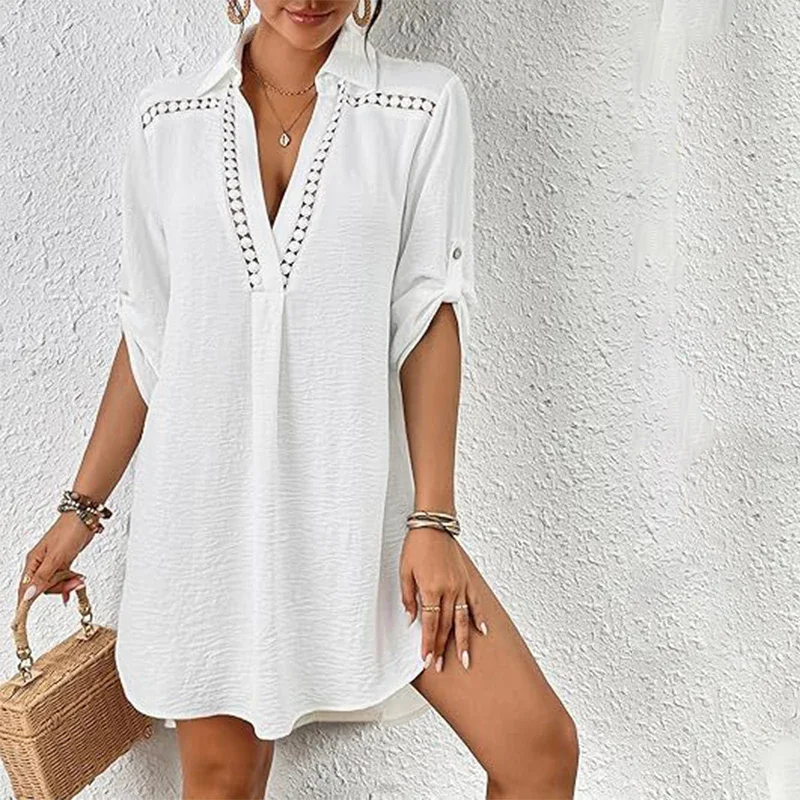 New V-Neck Lace Hollow White Large Shirts Women Beach Vocation Bikini Cover Ups Swimwear Bathing Suit Summer Beach Wear Tunic