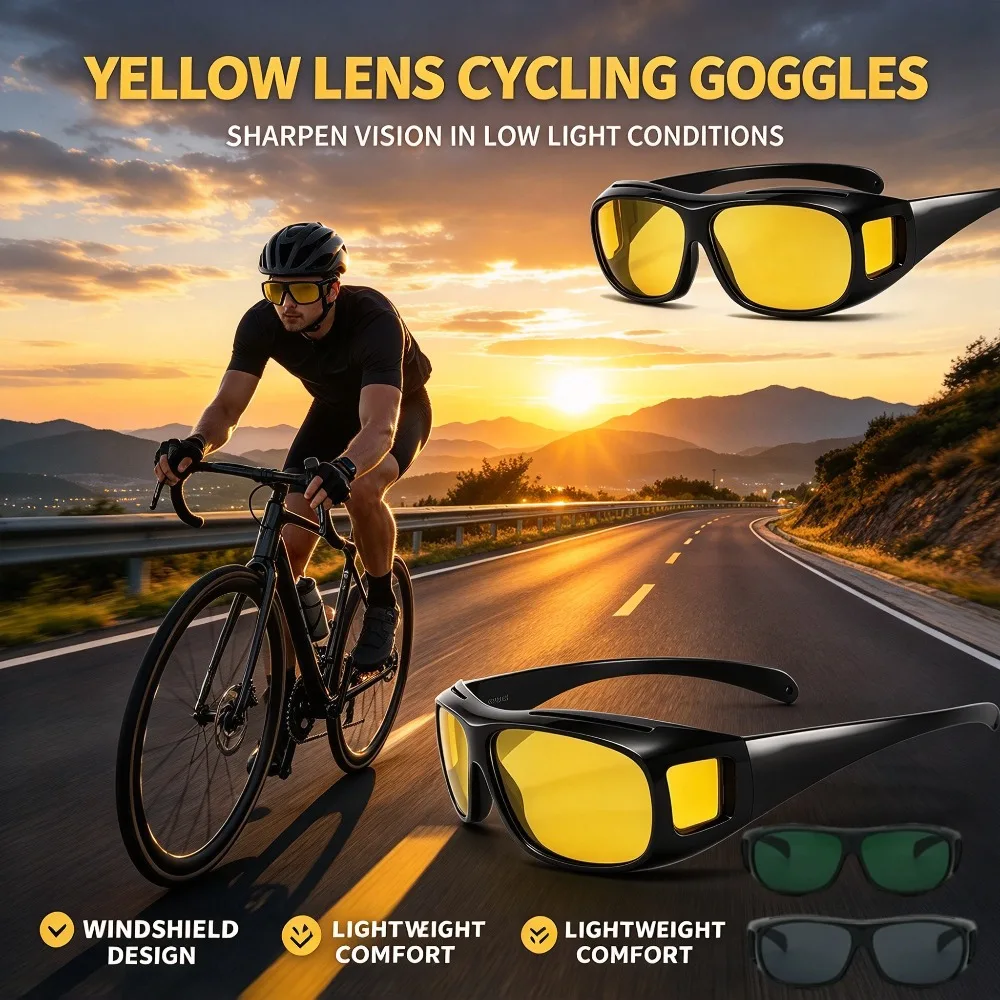 Bicycle Cycling Goggles Yellow Lens HD Windproof Wrap Around Sunglasses for MTB Road Bike Riding Outdoor Sport