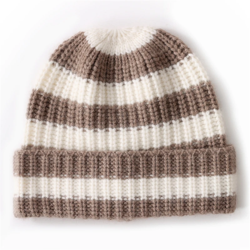 Winter New Women's Casual Striped Knitted Cashmere Hats High Quality Fahsion Outdoor Warmer Beanies Hat Female Soft Hedging Cap