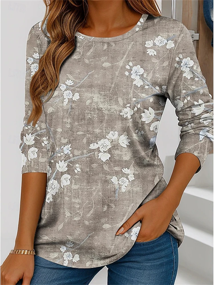 Women's Long-sleeved Retro Floral Print T-shirt for Autumn Simple and Comfortable Suitable for Commuting and Work Elegant Style