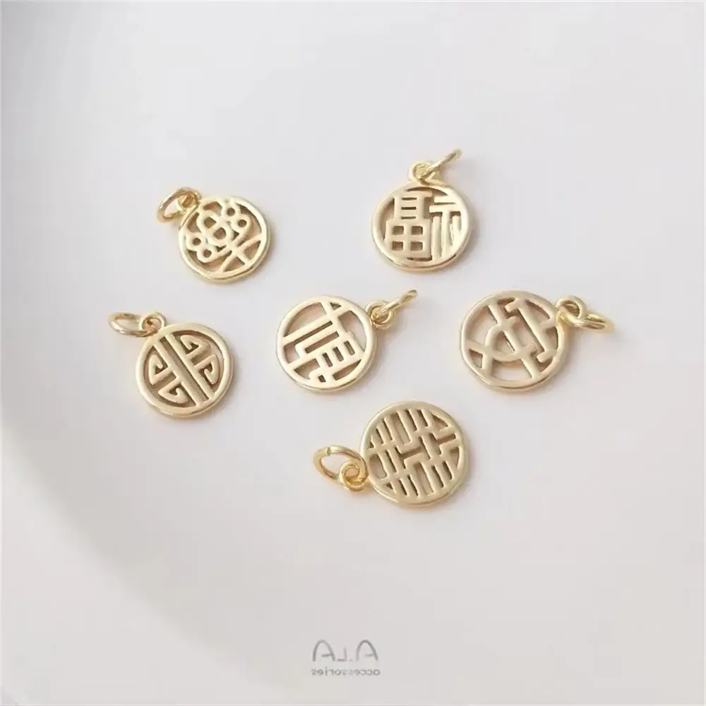 

14K Gold-Color Fu Zi Round Fu Brand Pendant Handmade DIY Bracelet Jewelry Pendant An Le Xi Cai Small Pendant K181