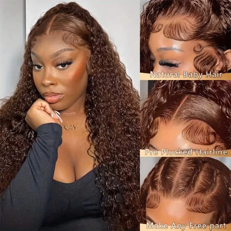 Chocolate Brown Colored 220% Density 36 Inch Chocolate Brown 13x6 13x4 HD Transparent Lace Front Wigs Human Hair Curly Deep Wave Brazilian Transparent Lace Frontal Wig For Women Human Hair #4 Colored Wigs Pre-Plucked Prebleached view 3