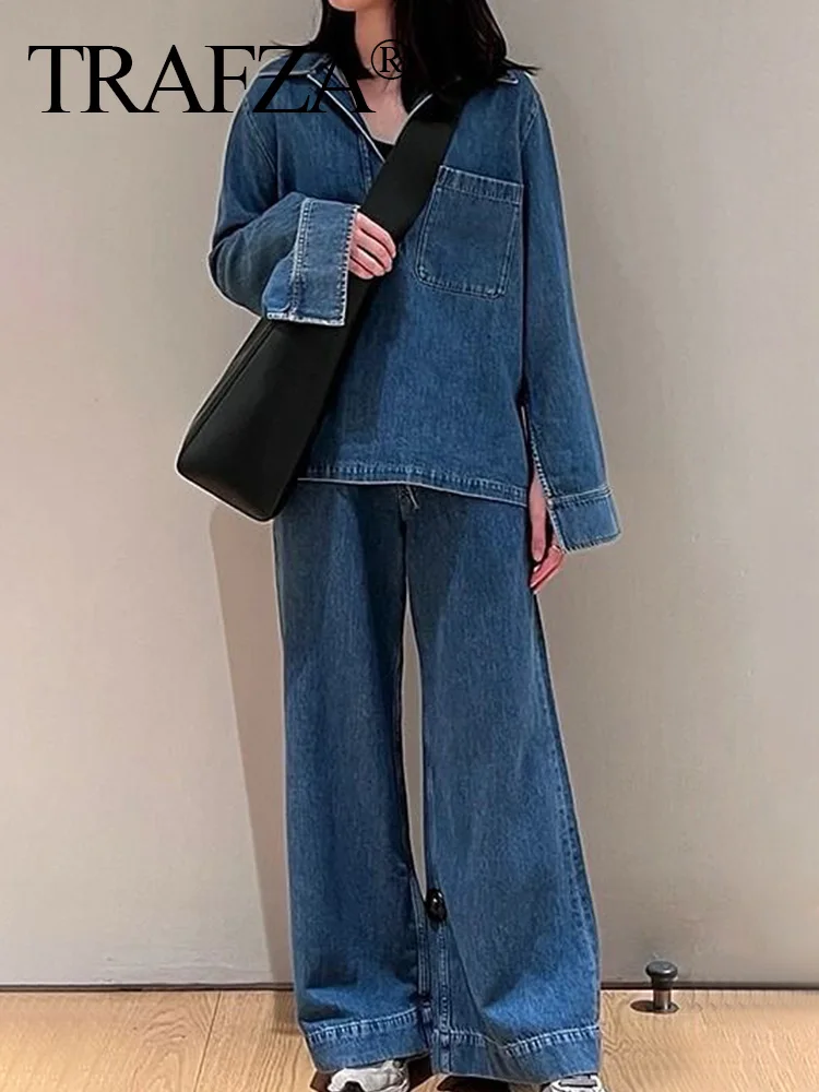 TRAFZA Women Casual Denim Sets Fashion Lapel Long Sleeve Loose Shirt Tops Female Drawstring High Waist Wide Leg Pants Chic Jeans