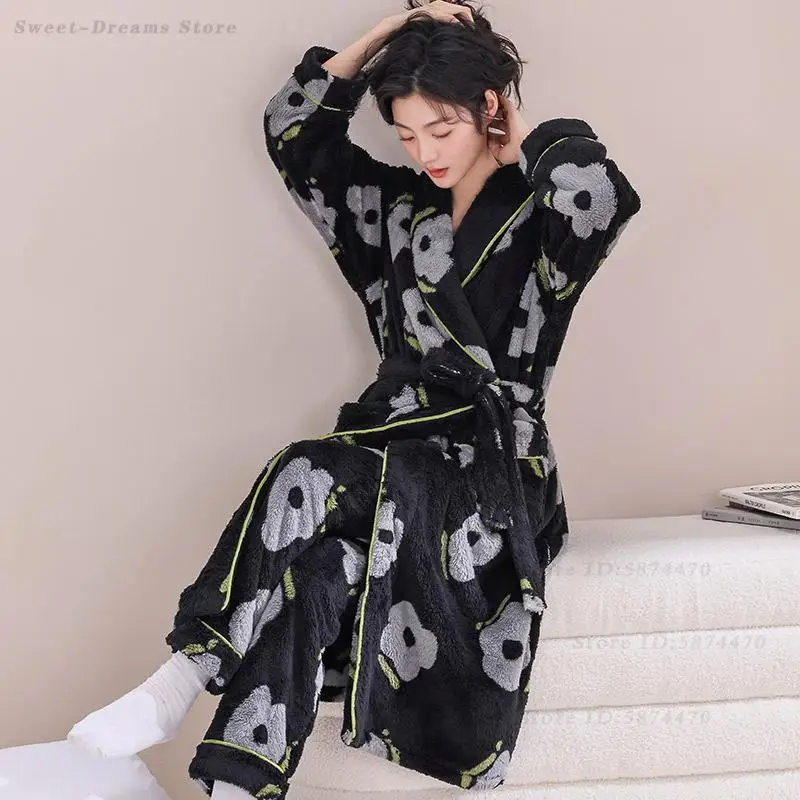 

Женский коралловый флисовый халат с принтом, брюки, пижамный комплект из 2 предметов, одежда для дома, длинный халат, ночная рубашка, зимняя новая теплая одежда для сна, пижамы