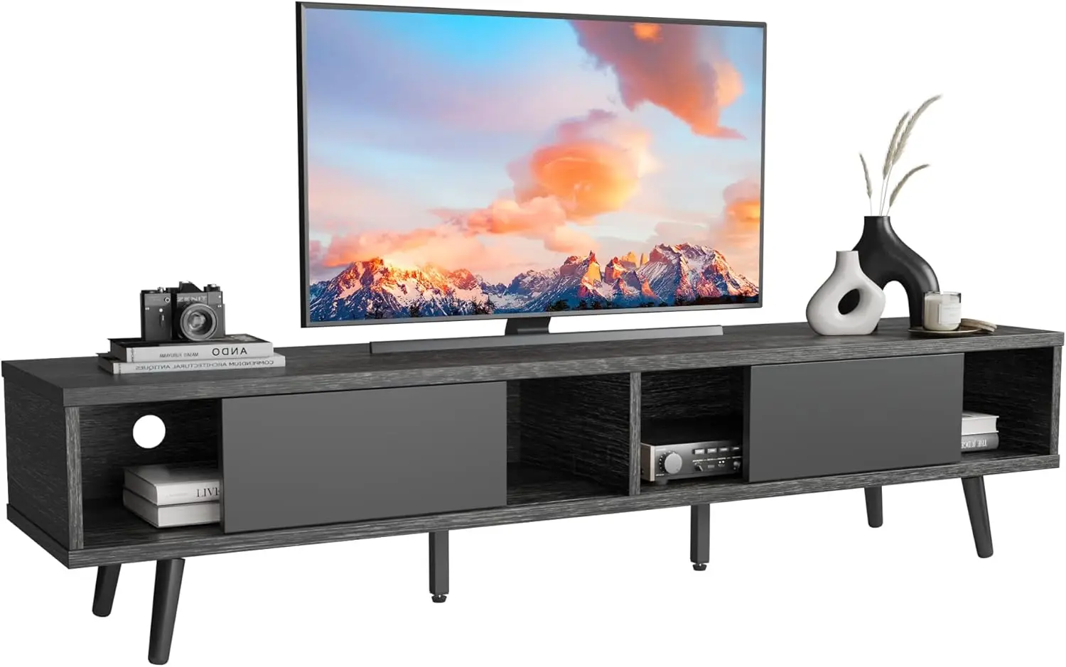 70 Inch Midden Eeuw Modern Entertainmentcentrum Voor 75 Inch Display, Laag Profiel Met Opslag, Voor Woonkamer, Koordbeheer