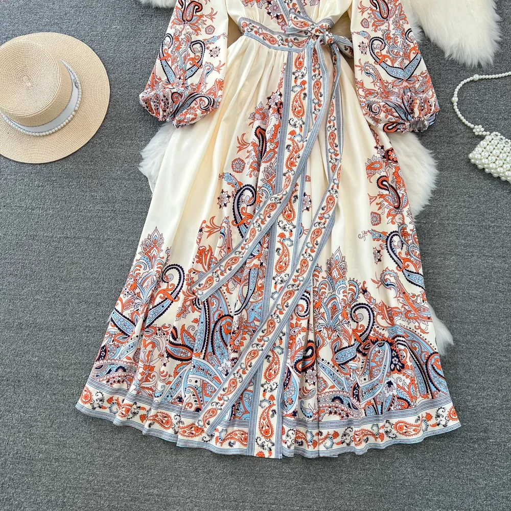 Abito estivo lungo con stampa floreale per donna Lace Up elegante Beige femminile abiti Maxi Beach Vacation manica intera festivo Tarf