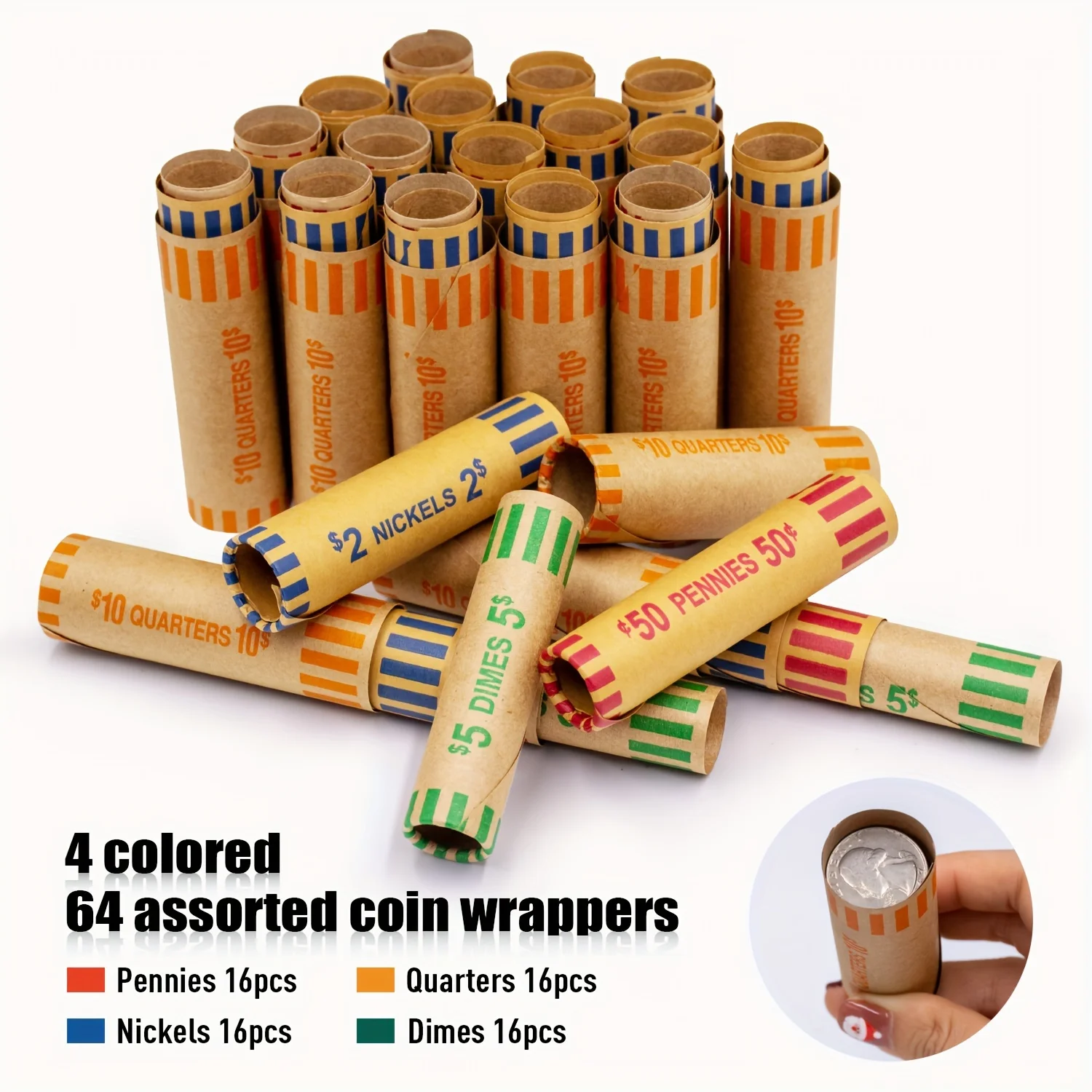 

64 Assorted&91Quarters ABA Color Preformed Coin Wrappers Rolls: Coin Organizer, preformed Tubular Cartridge wrappers