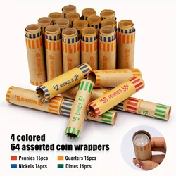 Pré-formados Tubular cartucho Wrappers, sortidas, ABA Cor, Coin Organizer Rolls, 64 rolos