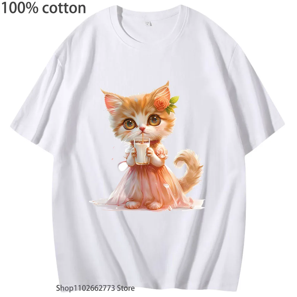 The Cat Is Drinking Milk T-Shirts 100% Cotton Shirt Kawaii Cartoon Clothes Girls Streetwear Women/Men Y2k Top Short Sleeved Tees