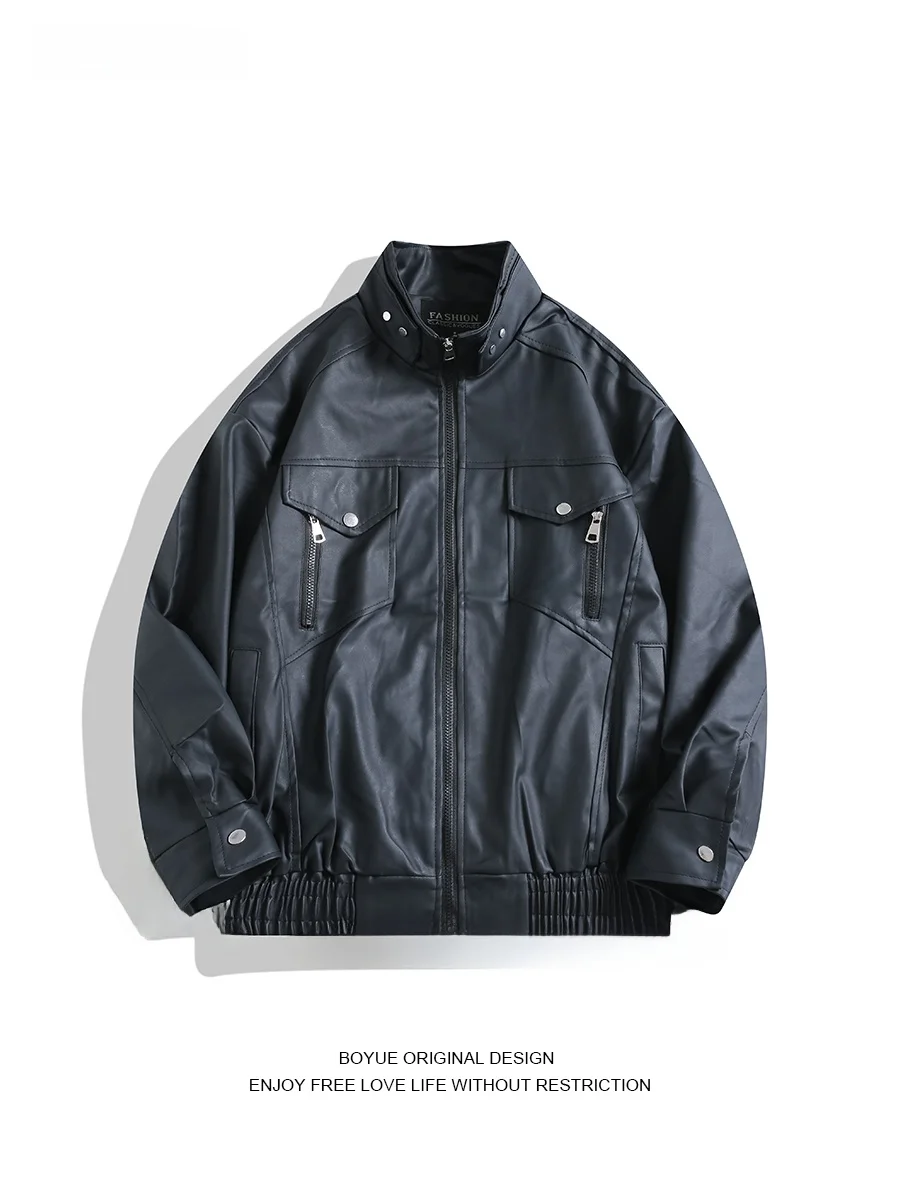 

Кожаная куртка Boyue в американском ретро-стиле с воротником-стойкой, свободного кроя, для мотоциклистов, универсальная верхняя одежда для мужчин и женщин