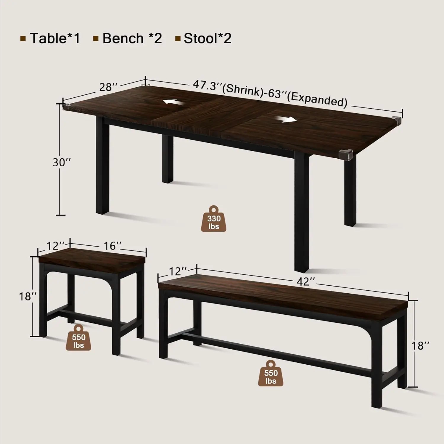 5 Pieces Dining Room Table Set for 4-6, with 2 Benches & 2 Stools, Small Dining Table Set with Metal Frame & MDF Board