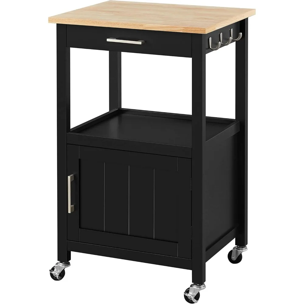 Small Kitchen Island on Wheels with Wood Top and Drawer, Trolley Cart with Open Shelf and Storage Cabinet for Dining Room, image 2