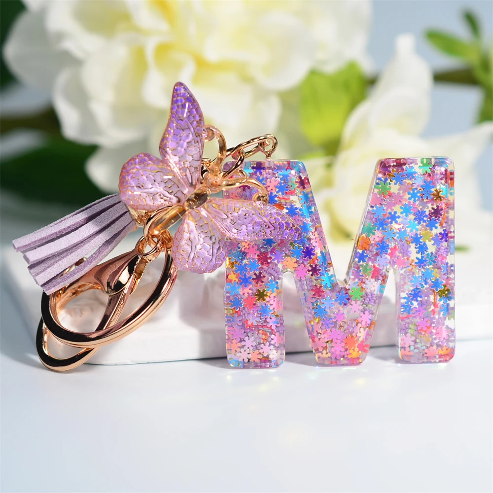 Dreamy Sequin Letters Chaveiro para Mulheres, Borla Pingente De Borboleta, Chaveiro Inicial, Suspensão De Bolsa, Encantos De Sacos, Chaveiro Do