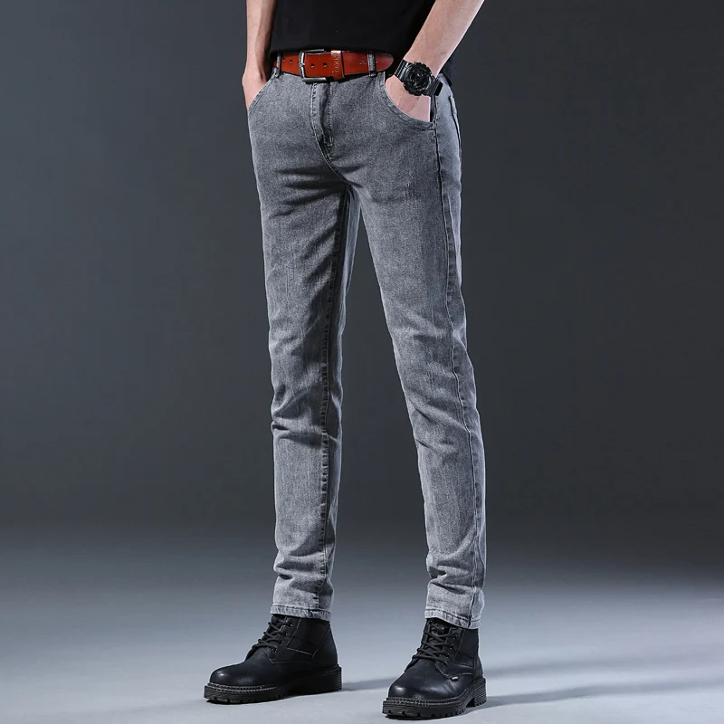 Men's Fashion Letters Denim Pants Slim Straight Gentleman Slacks Fashion European American Style Stretch Men Luxury Jeans Grey