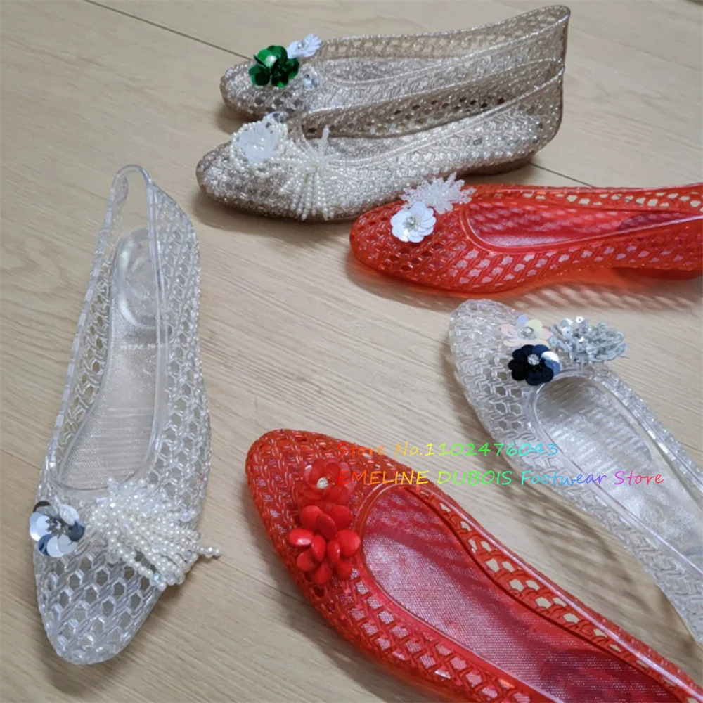 2026 Summer New Hollowed Out Crystal Sandals for Women Pointed Toe Flower Jelly Slip On Solid Color Single Shoes Beach Shoes