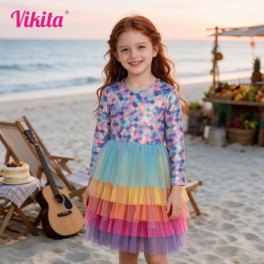 Glitzerndes Meerjungfrauen-Schuppenkleid aus Polyester mit langen Ärmeln für Mädchen, buntes, mehrschichtiges Tüllkleid in Regenbogenfarben für Prinzessinnenpartys, Strand und Urlaub.
