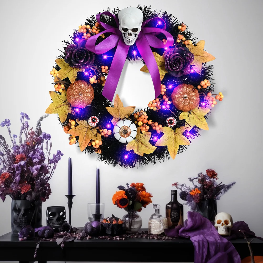 

Halloween Wreath For Front Door with Lights, 15 Inch Fall Pumpkin Wreath Skulls Halloween Decorations for Centerpiece Window