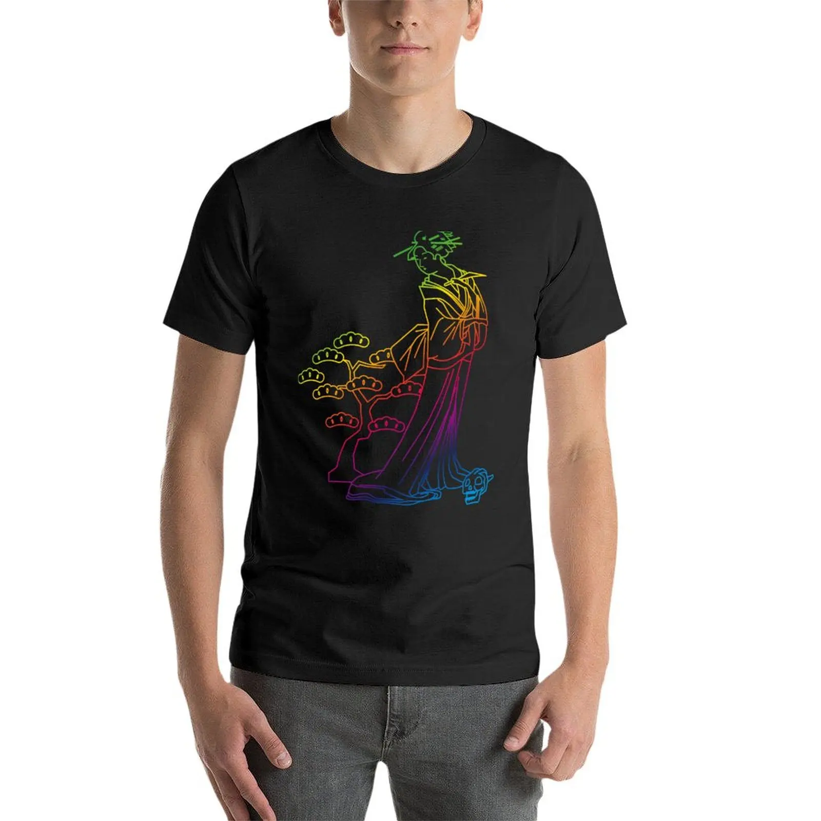 083-Death Geisha [Vector Regenboog] T-Shirt Plus Size Kleding Grafische Shirts Zwarte T-Shirts Voor Mannen