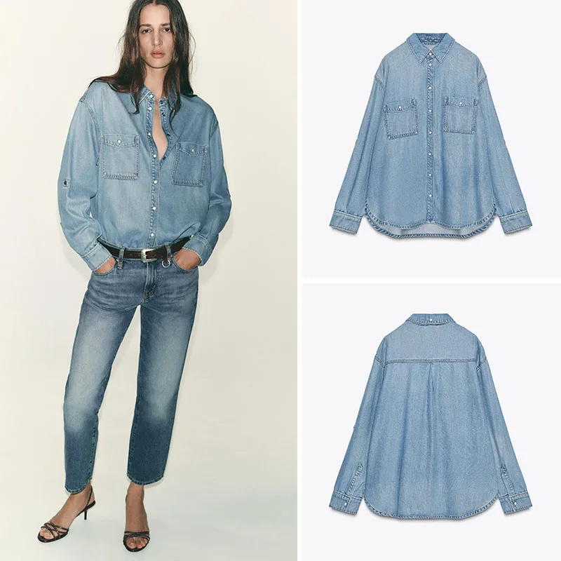 

Новинка: Осенняя винтажная джинсовая рубашка с воротником, свободного кроя, с длинными рукавами, для женщин, модная, классическая, для сценических выступлений