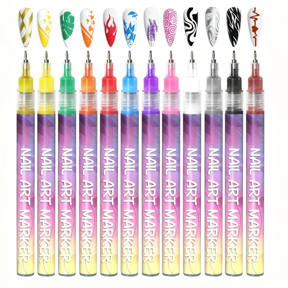12 Color Nail Art Pens,0.5MM Nail Polish Pens Drawing Painting Point Liner Acrylic Painted Pen Kit, Waterproof and Quick-drying