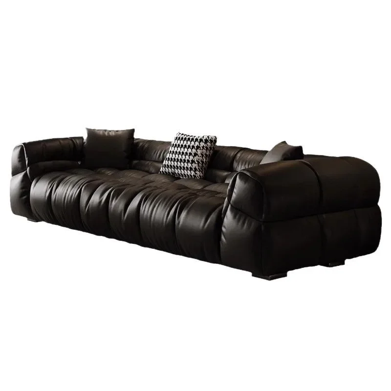 

Lazy black leather sofa living room first layer cowhide modern simple style retro sofa
