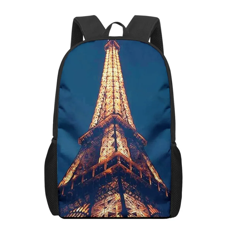 Torre eiffel paisagem impressão sacos de livro para meninos meninas crianças saco escolar casual mochila ombro elegante adolescente armazenamento