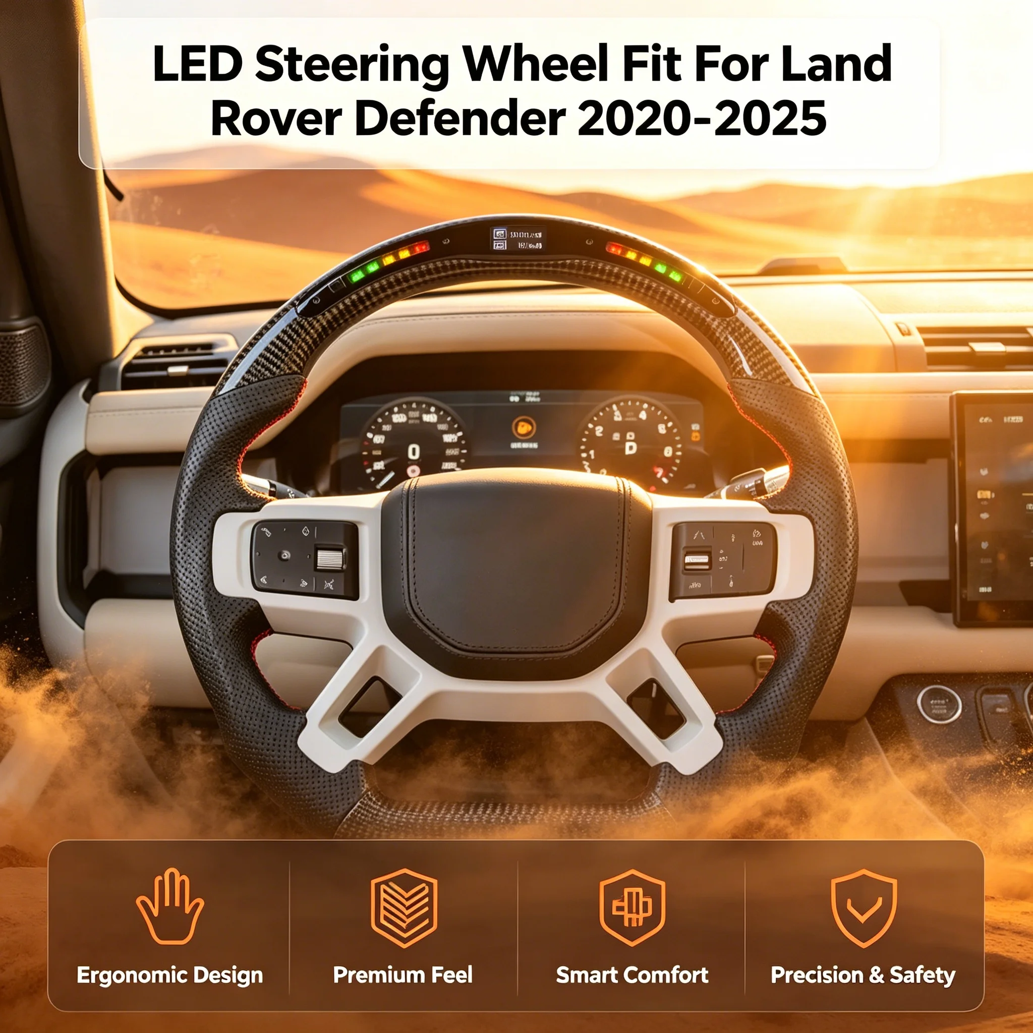 LED Steering Wheel Fit For Land Rover Defender 2020- 2025 Racing Style 100% Carbon Fiber Customized Racing Wheel