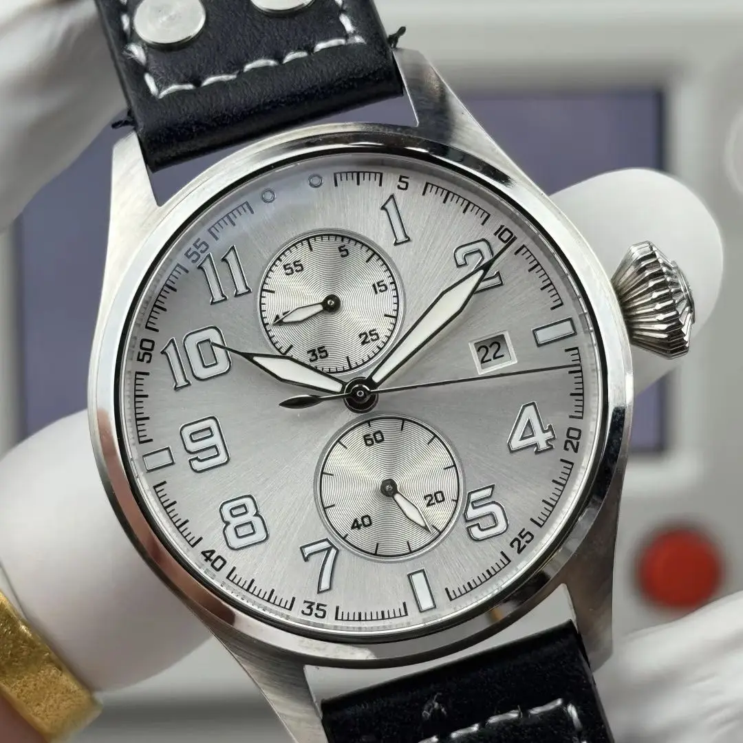Relógio personalizado, 46mm, espelho de vidro safira, movimento integrado personalizado, pulseira de couro