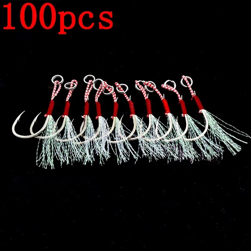 20/100pcs Slow Jigging Fishing Cast Jigs Assist Hook Barbed Single Jig Hooks Thread Feather Pesca High Carbon Steel Fishing Lure