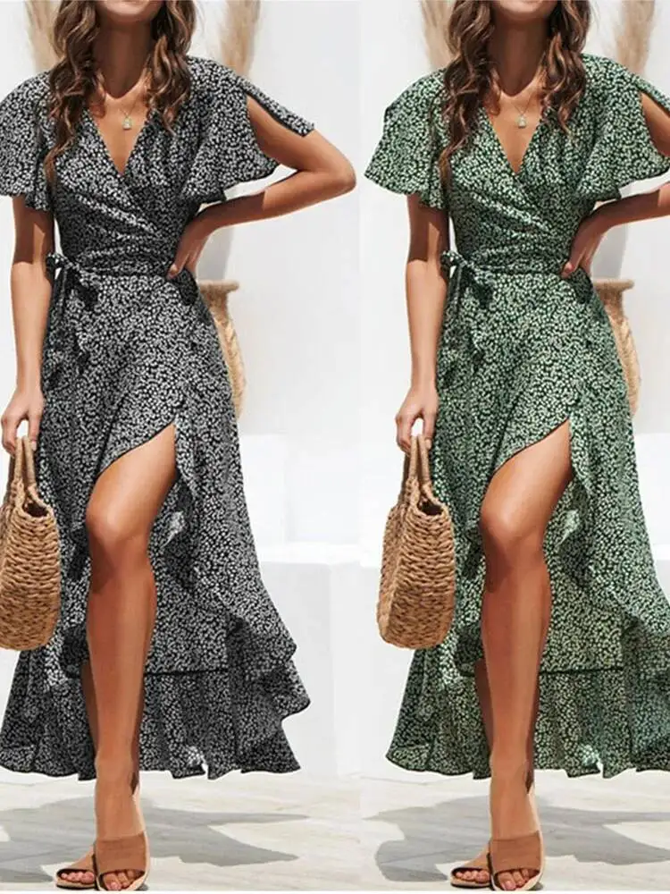Summer Beach Maxi Women Floral Print Boho Long Chiffon Ruffles Wrap Casual V Neck Split Sexy Party Dress Robe Femme