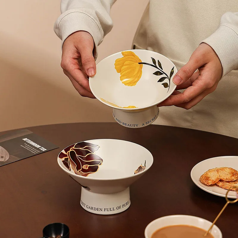 

Elegant Floral Ceramic Pedestal Bowl Creative Footed Dessert Plate for Cake Ice Cream Snack Modern Porcelain Tableware Gift Box
