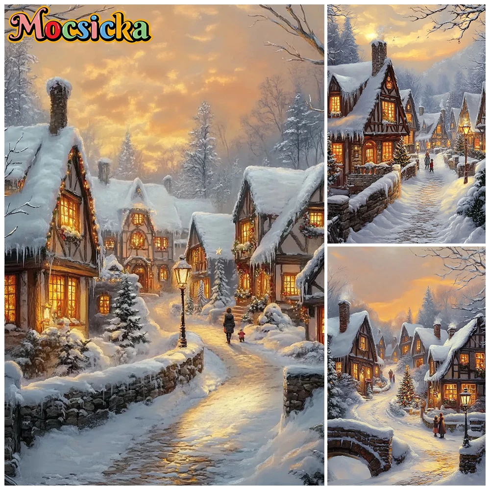 Mocsicka Christmas Winter Village Photography Backdrop Snowy Town Street Glowing Cottage Background Family Holiday Photo Shoots