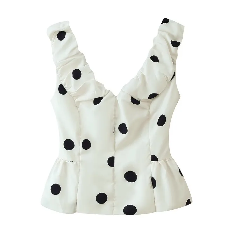 Damen Polka Dot 2-Teiliges Set V-Ausschnitt Rüschen Bustier Crop Top + Ausgestellter A-Linien Midirock Vintage Casual Party-Outfit Sommer-Set – Detail 4